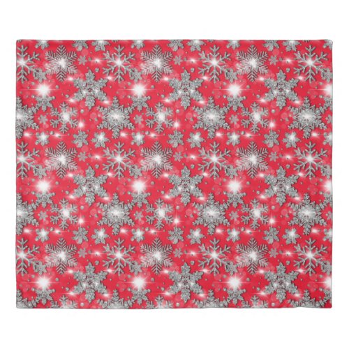 Glittery silver red festive snowflake pattern    duvet cover