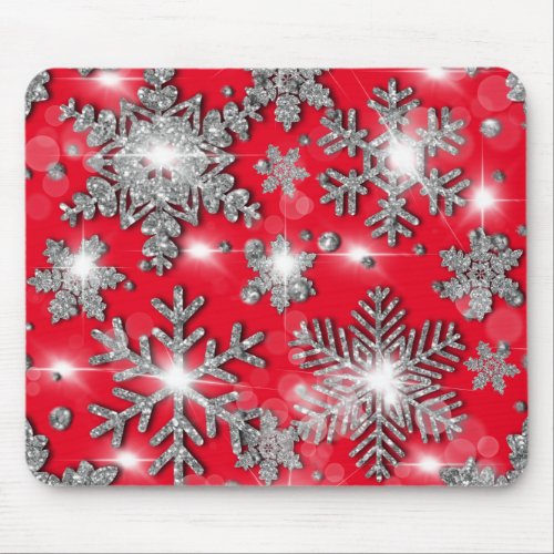 Glittery silver red festive snowflake pattern  mouse pad