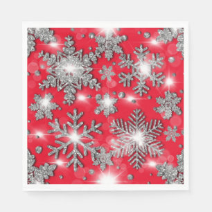 Glittery silver red festive snowflake pattern napkins