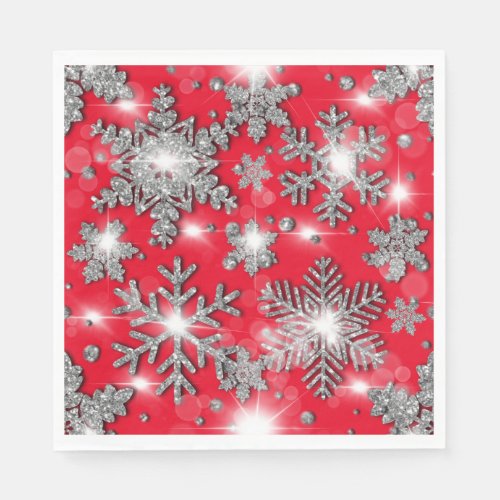 Glittery silver red festive snowflake pattern    napkins