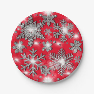 Glittery silver red festive snowflake pattern paper plates