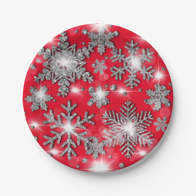 Glittery silver red festive snowflake pattern   paper plates (Front)