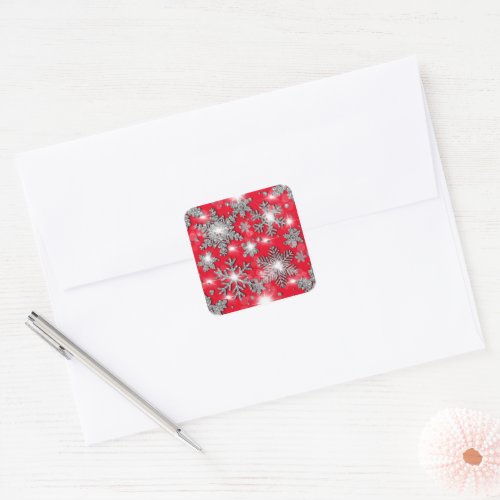 Glittery silver red festive snowflake pattern   square sticker