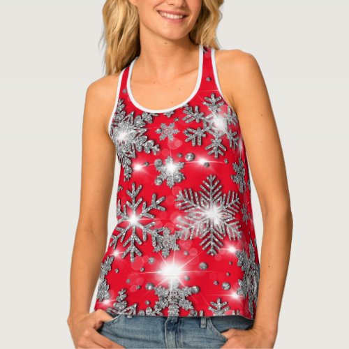Glittery silver red festive snowflake pattern    tank top