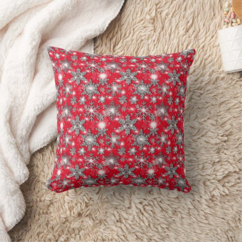 Glittery silver red festive snowflake pattern    throw pillow