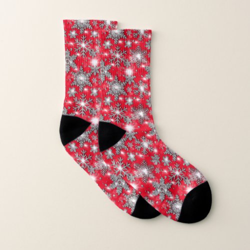 Glittery silver red festive snowflakes fun pattern socks