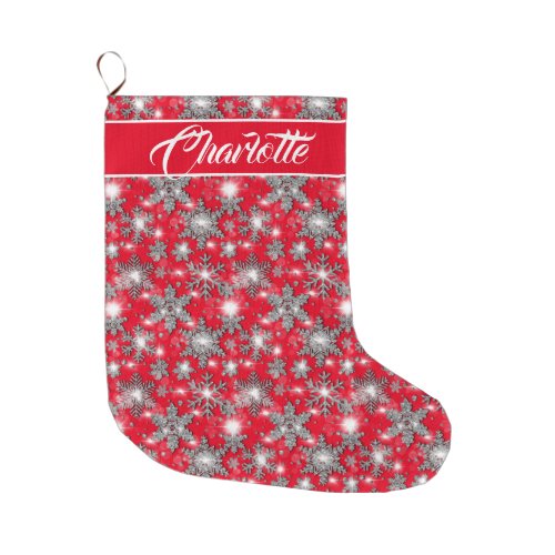 Glittery silver red festive snowflakes pattern  large christmas stocking