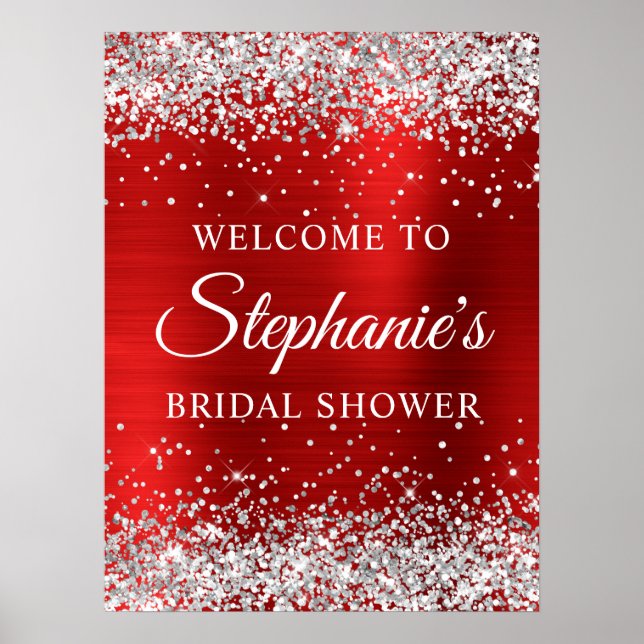 Glittery Silver Red Foil Bridal Shower Welcome Poster (Front)