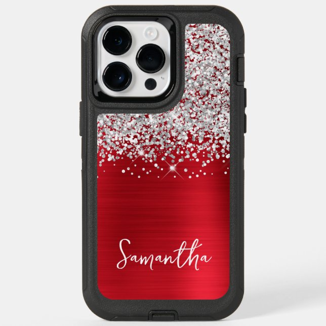 Glittery Silver Red Glam Name Otterbox iPhone Case (Back)