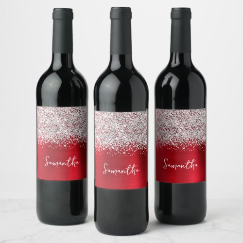 Glittery Silver Red Glam Script Name Wine Label