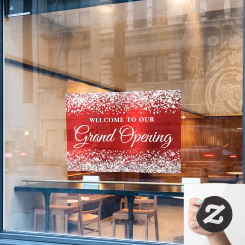 Glittery Silver Red Grand Opening Welcome Window Cling