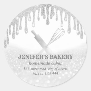 Glittery silver rolling pin & whisk chef bakery classic round sticker