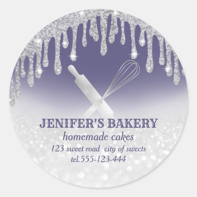Glittery silver rolling pin & whisk chef bakery classic round sticker (Front)