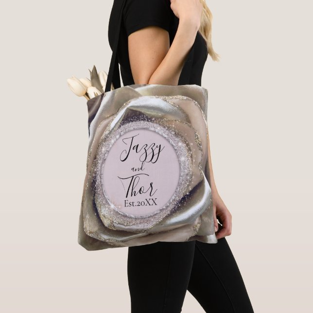Glittery Silver Rose Petals Personalized   Tote Bag (Close Up)