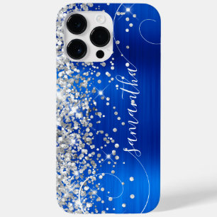 Glittery Silver Royal Blue Glam Curly Signature Case-Mate iPhone 14 Pro Max Case