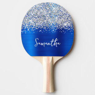 Glittery Silver Royal Blue Glam Name Ping Pong Paddle