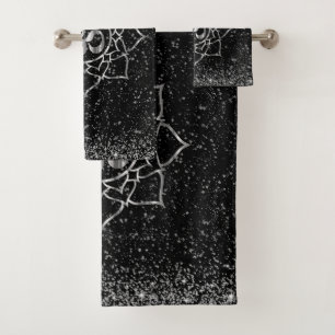 Glittery Silver Stars OM Lotus Mandala on Black Bath Towel Set