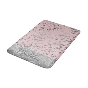 Glittery Silver Stars on Pink Personalized Bath Mat
