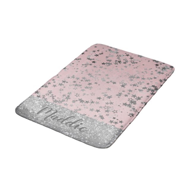 Glittery Silver Stars on Pink Personalized Bath Mat (Angled)