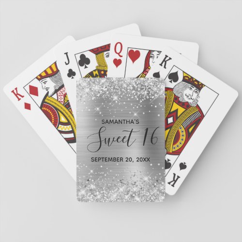 Glittery Silver Sweet 16 Birthday Favor Poker Cards