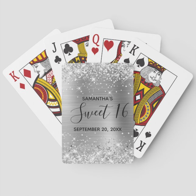 Glittery Silver Sweet 16 Birthday Favor Poker Cards (Back)
