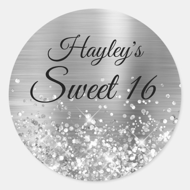 Glittery Silver Sweet 16 Classic Round Sticker (Front)
