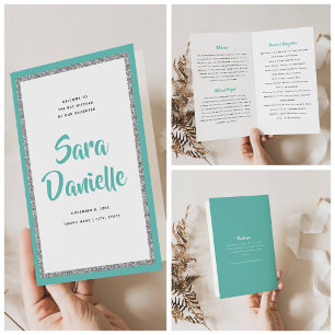 Glittery Silver & Teal Bat Mitzvah Folded Program Flyer