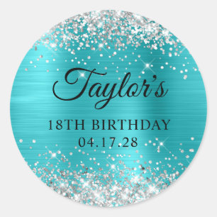 Glittery Silver Turquoise Blue Foil 18th Birthday Classic Round Sticker
