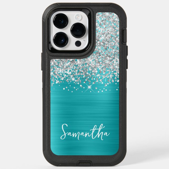 Glittery Silver Turquoise Blue Glam Name Otterbox iPhone Case (Back)