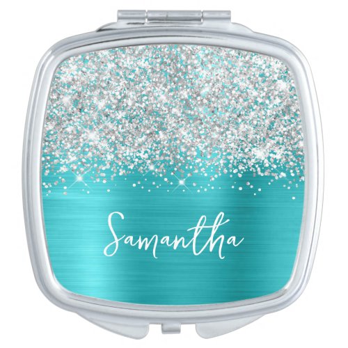 Glittery Silver Turquoise Blue Glam Script Name Compact Mirror