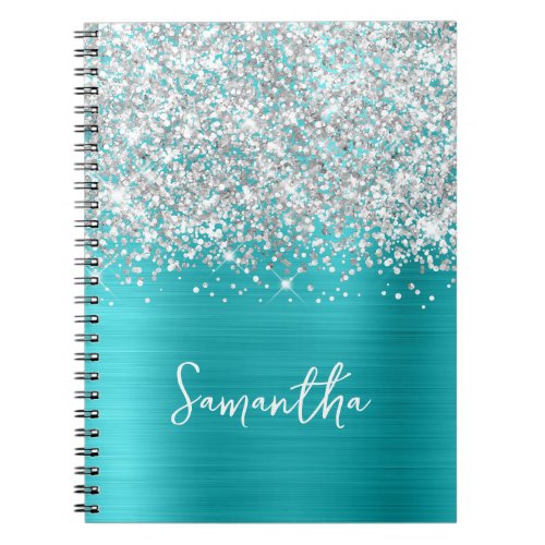 Glittery Silver Turquoise Blue Glam Script Name Notebook