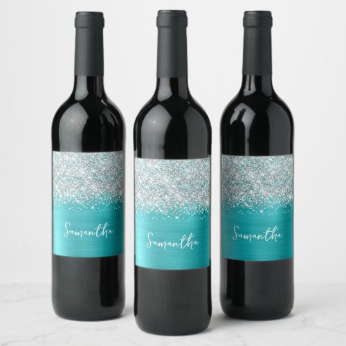 Glittery Silver Turquoise Blue Glam Script Name Wine Label