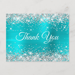 Glittery Silver Turquoise Blue Sweet 16 Thank You Postcard