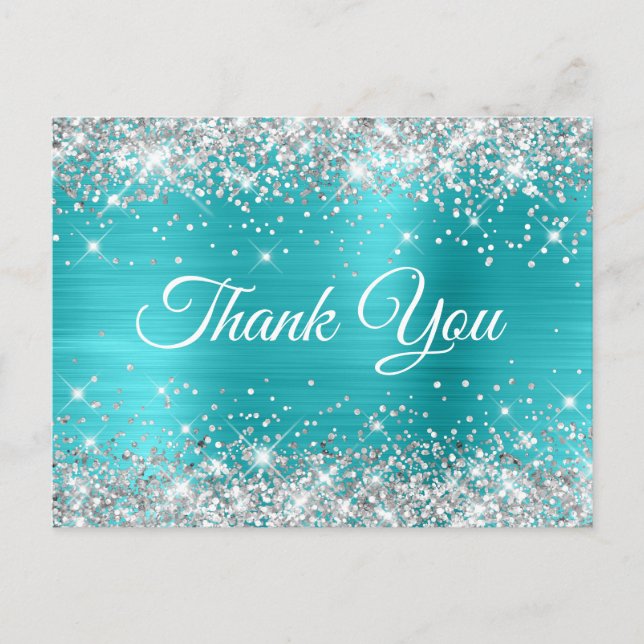 Glittery Silver Turquoise Blue Sweet 16 Thank You Postcard (Front)