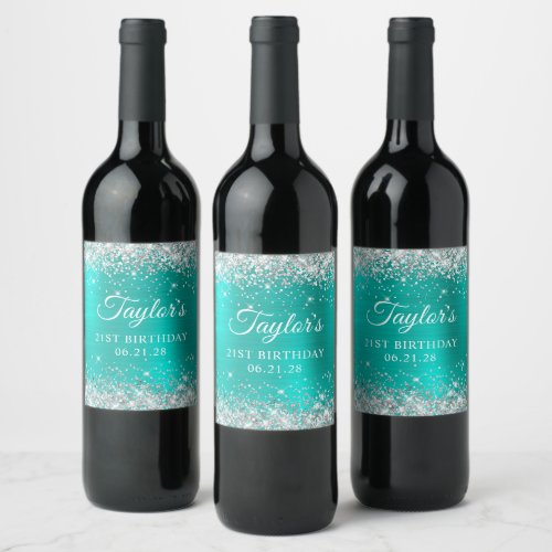 Glittery Silver Turquoise Foil 21st Birthday Wine Label