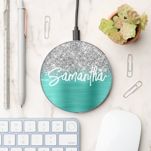 Glittery Silver Turquoise Glam Brush Script Name Wireless Charger