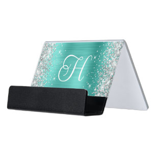 Glittery Silver Turquoise Glam Monogrammed Desk Business Card Holder