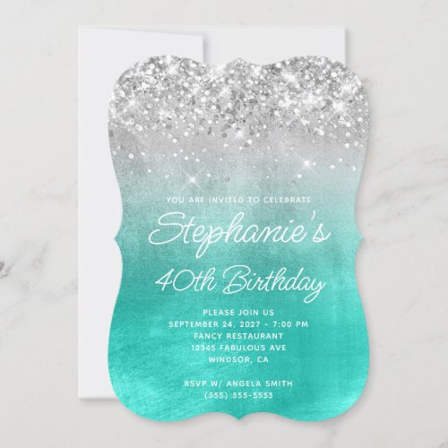 Glittery Silver Turquoise Monogram 40th Birthday Invitation
