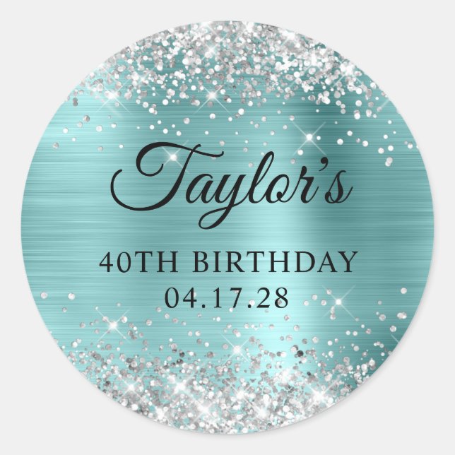 Glittery Silver Turquoise Shine Foil 40th Birthday Classic Round Sticker (Front)