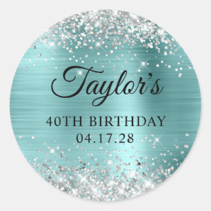 Glittery Silver Turquoise Shine Foil 40th Birthday Classic Round Sticker