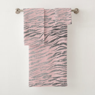 Glittery Silver Zebra Print on Pink Blush  Bath Towel Set