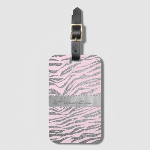 Glittery Silver Zebra Print on Pink Personalized Luggage Tag