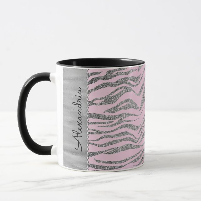 Glittery Silver Zebra Print on Pink Personalized Mug (Left)