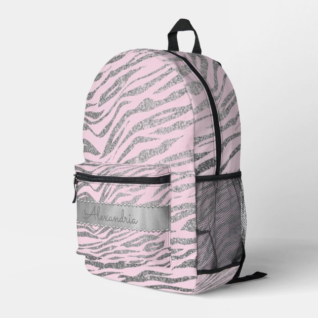 Glittery Silver Zebra Print on Pink  Personalized Printed Backpack (Back Corner Right)