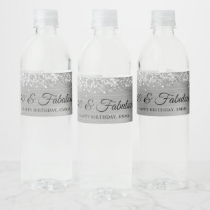 Glittery Silvery Grey Foil 40 & Fabulous Water Bottle Label
