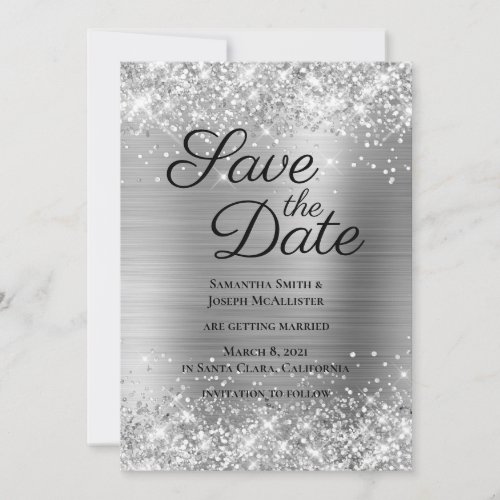 Glittery Silvery Grey Ombre Foil Save The Date