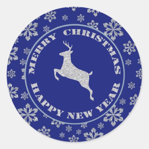 Glittery Snowflake Reindeer Blue Classic Round Sticker