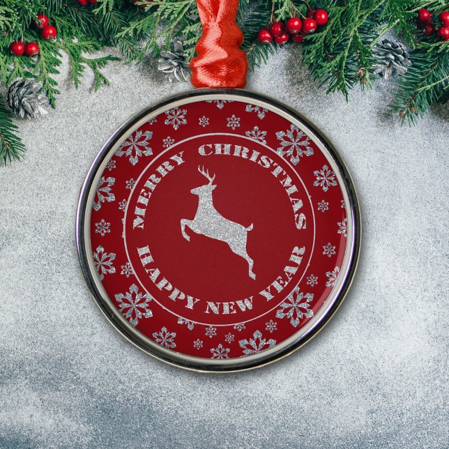 Glittery Snowflake Silver Reindeer  Metal Ornament (Creator Uploaded)