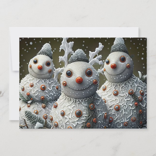 Glittery Snowmen with Pinecone Sprigs Holiday Card (Front)