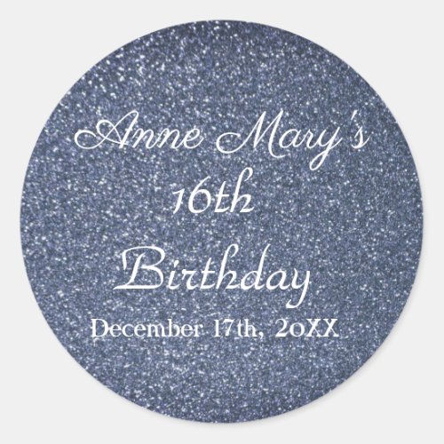 Glittery Sparkle 16th Birthday Custom Blue Grey Classic Round Sticker
